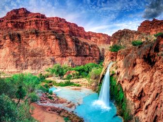 wide angle, waterfall, grand canyon, expansive shot, daytime,